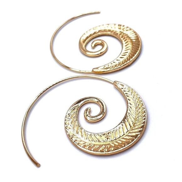 Yellow Gold Tribal Boho Mandala Spiral Swirl Hook Earrings - Picture 2 of 5